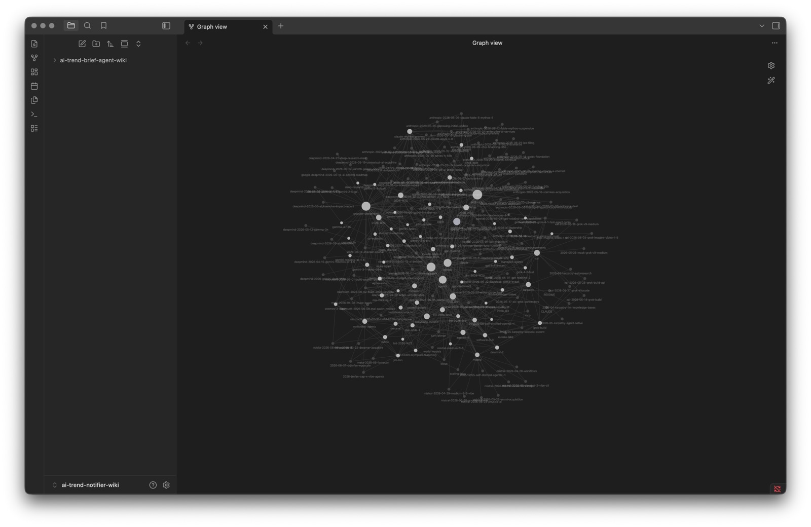 Obsidian graph view of the AI Trend Notifier LLM wiki, hundreds of interlinked notes on models, labs, and concepts