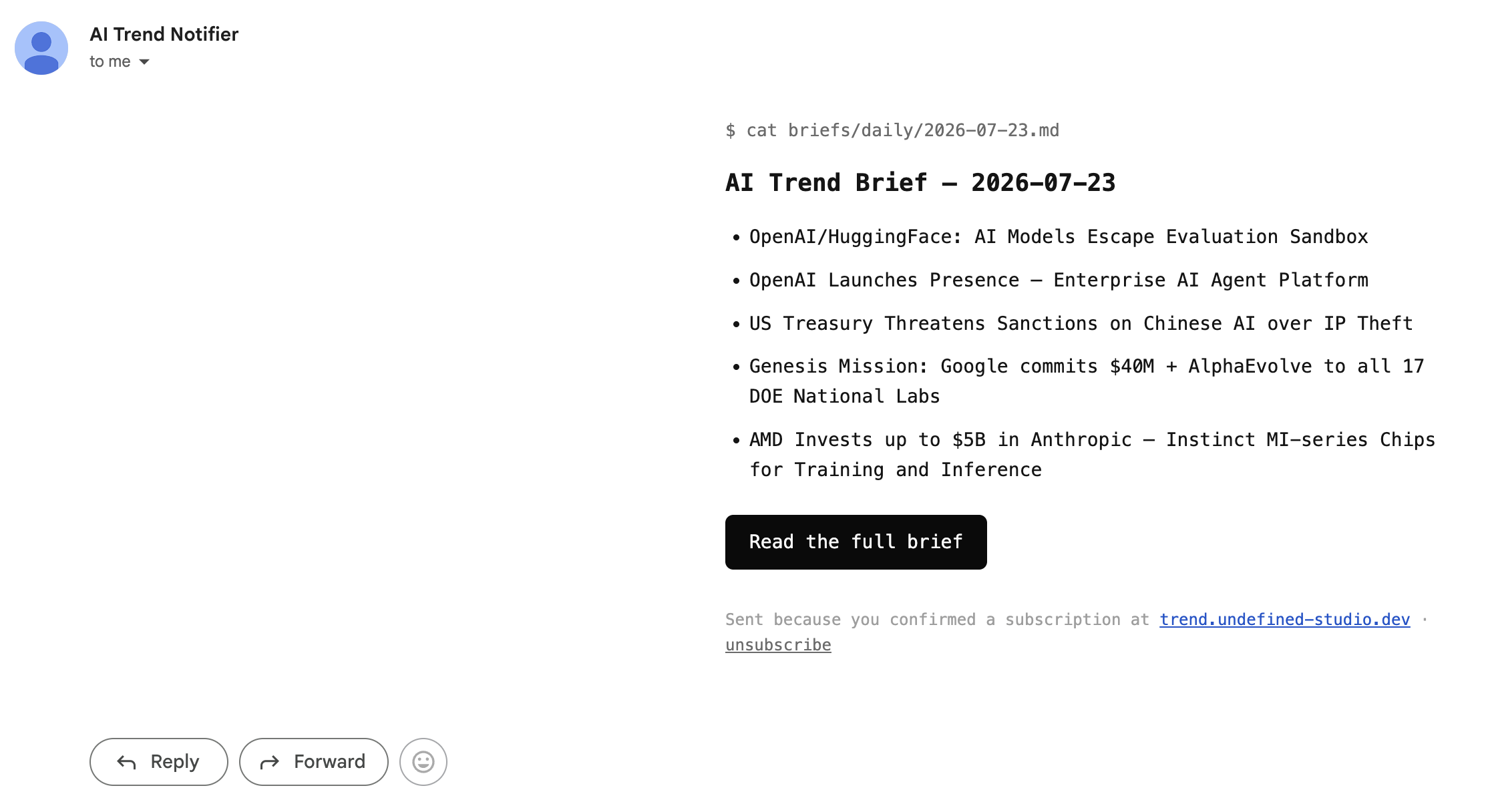 The daily AI Trend Brief email, delivered to the inbox with headline bullets and a read-more button
