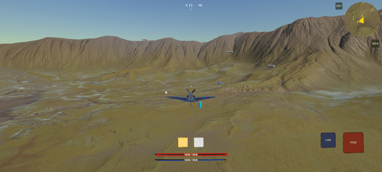 Skyward gameplay: a Spitfire flying in third person with a full HUD — compass, minimap, HP and MP bars at 100/100, and weapon buttons